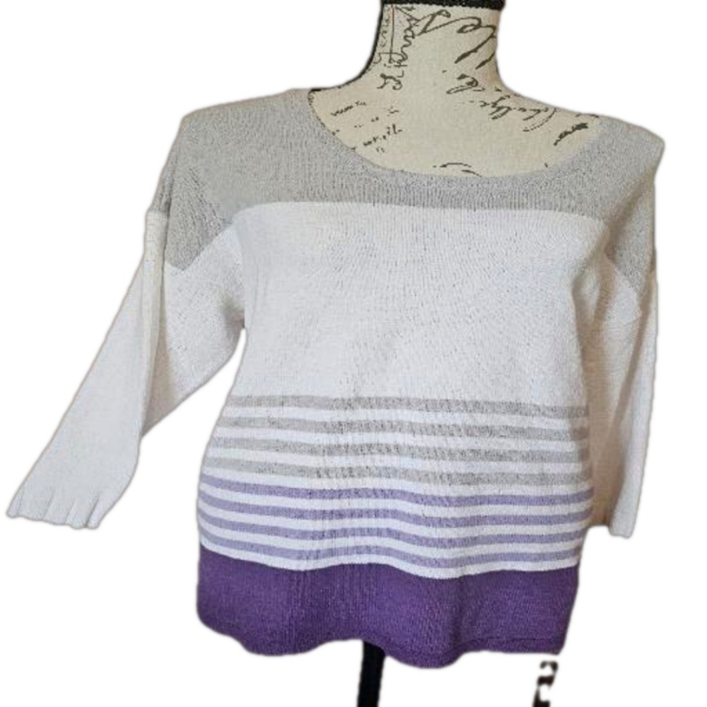 Chicos Women's Sweater Light Weight Gray, White Purple Size 2 12-14 EUC - Picture 2 of 12